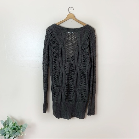 [Kimchi Blue] Dark Brown V-neck Open Knit Mohair Long Sleeve Tunic Sweater - Picture 7 of 9